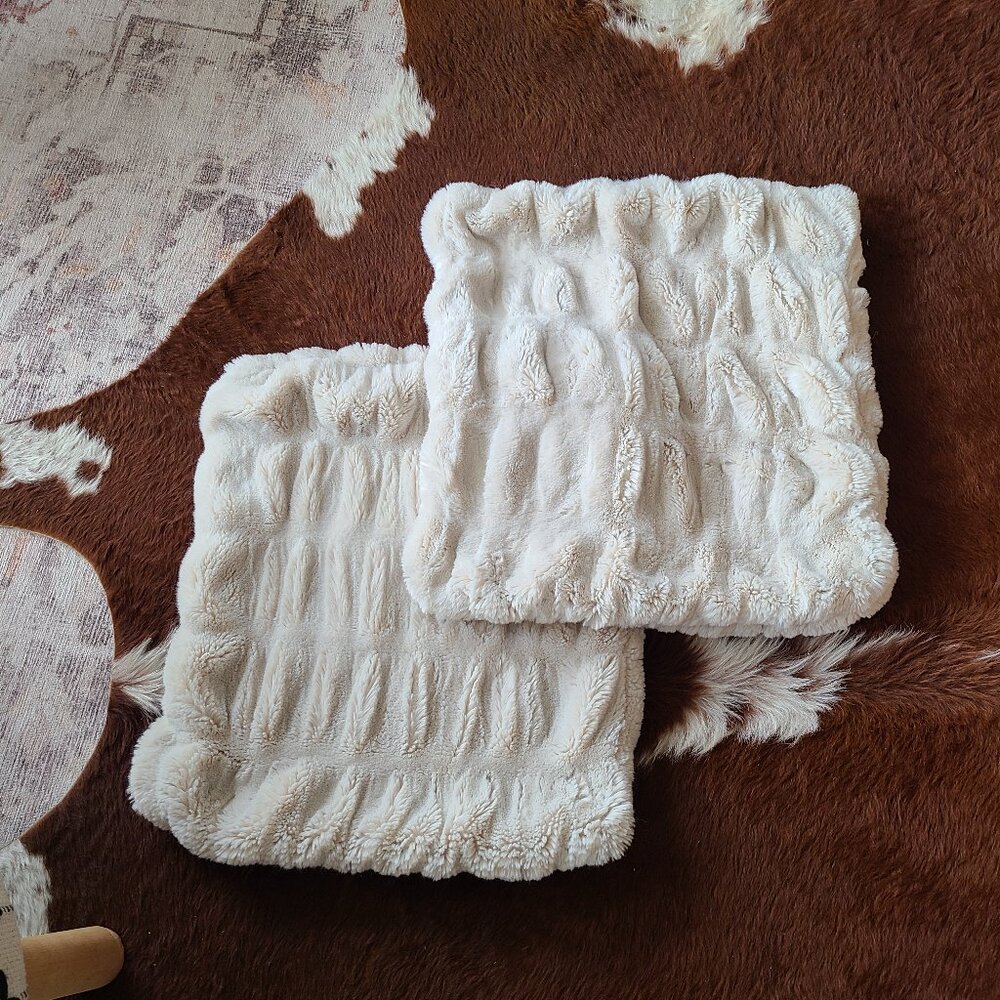 TWO faux fur ruched 18x18 pillow covers
